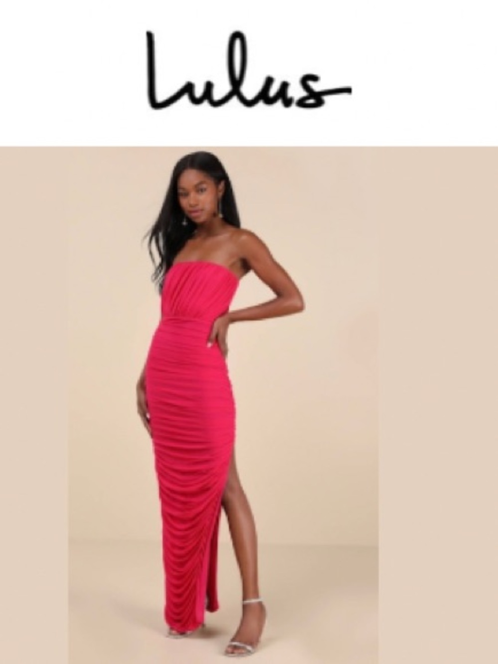 🆕 Lulu's Fuchsia Strapless Ruched Maxi Dress with Side Slit